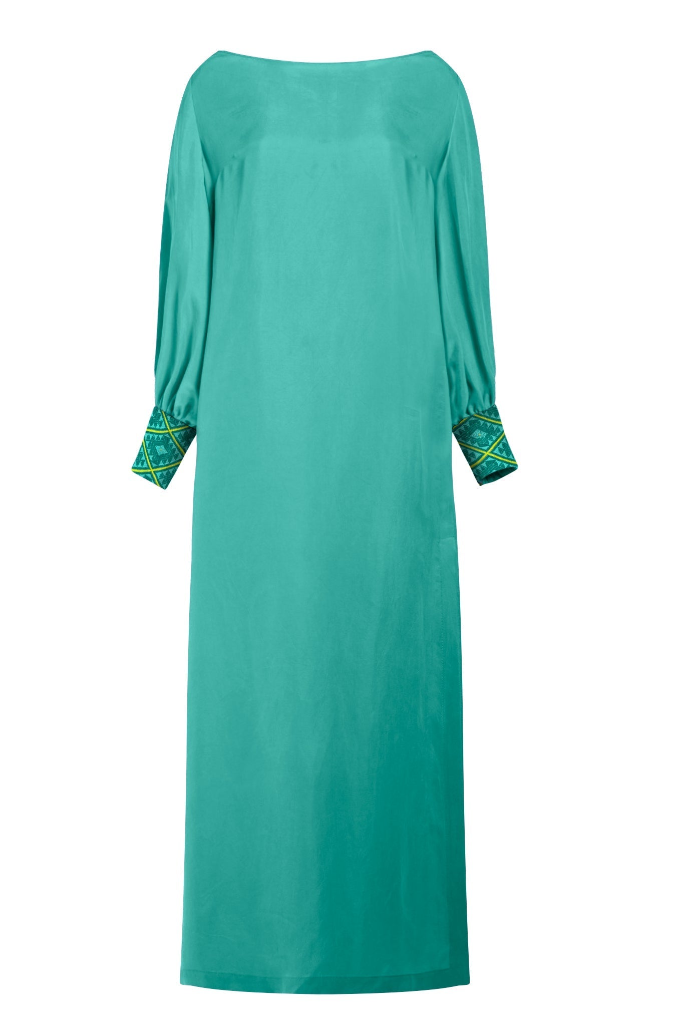 close up view of turquoise kaftan duster with embroidered sleeves made from recycled materials